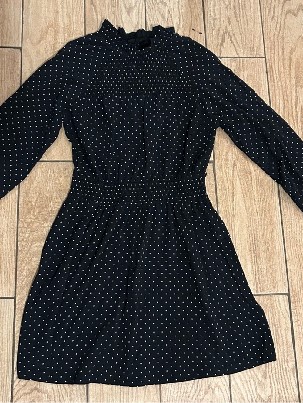 Topshop Black Polka Dot Long Sleeve Smocked Dress